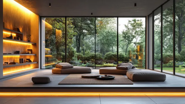 Minimalist glass guardrail with geometric metal frames beside a modern terrace interior and trees outside through the glass.