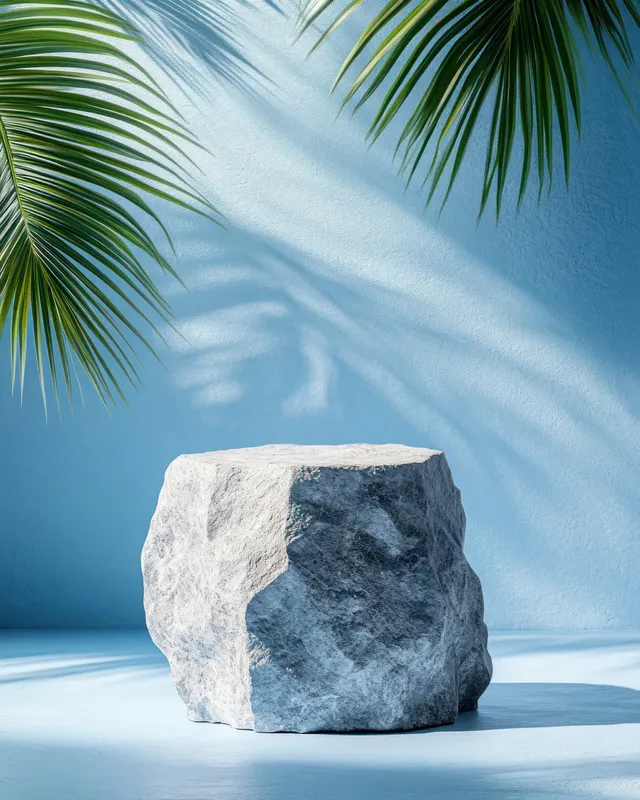 Rough gray stone block resting on blue surface with palm leaf shadows cast by sunlight.
