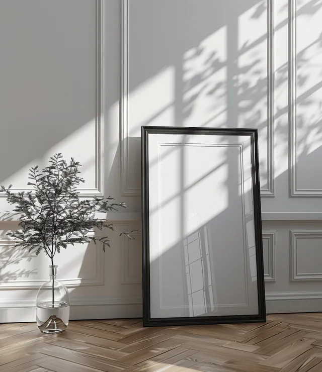 Black wooden poster frame on a parquet floor against a white wall with bright window reflection shadows.