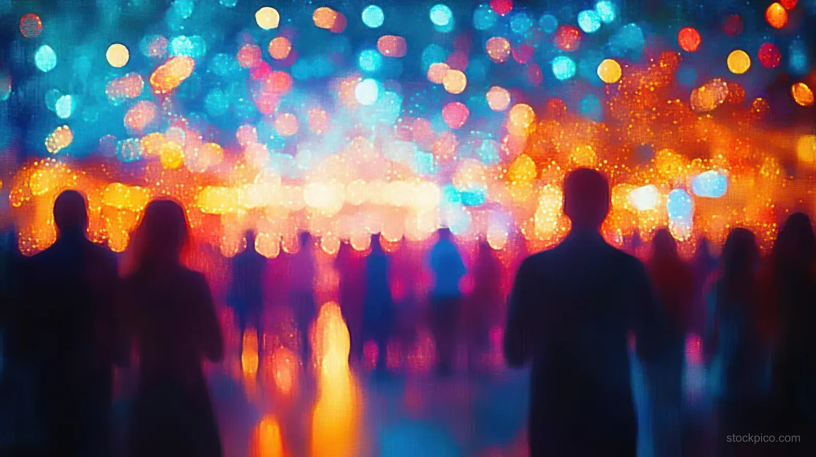 Silhouetted crowd stands against colorful bokeh lights from a nighttime festival.