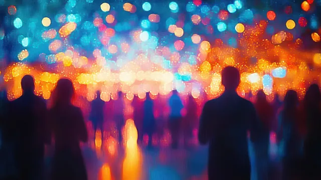 Silhouetted crowd stands against colorful bokeh lights from a nighttime festival.