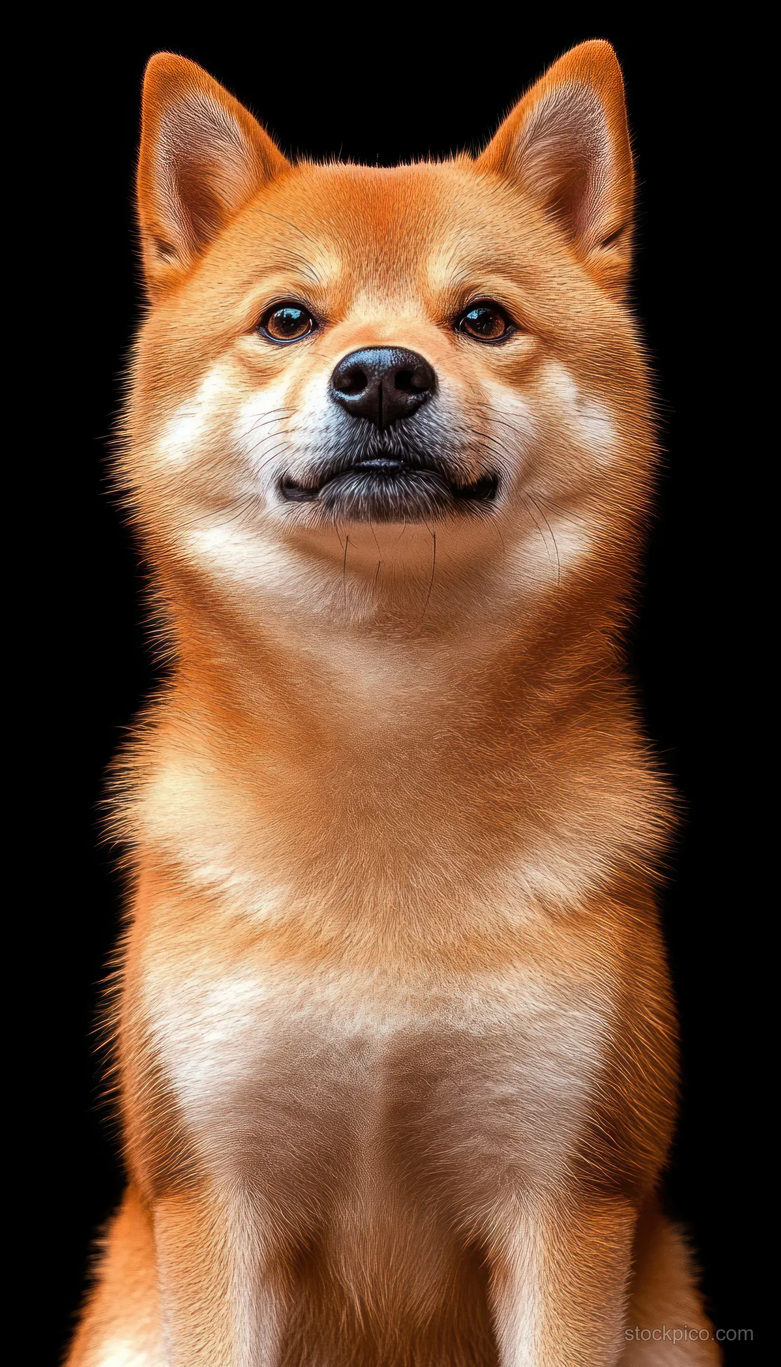 Orange Shiba Inu dog portrait with alert ears and fluffy fur sitting against a deep black background.