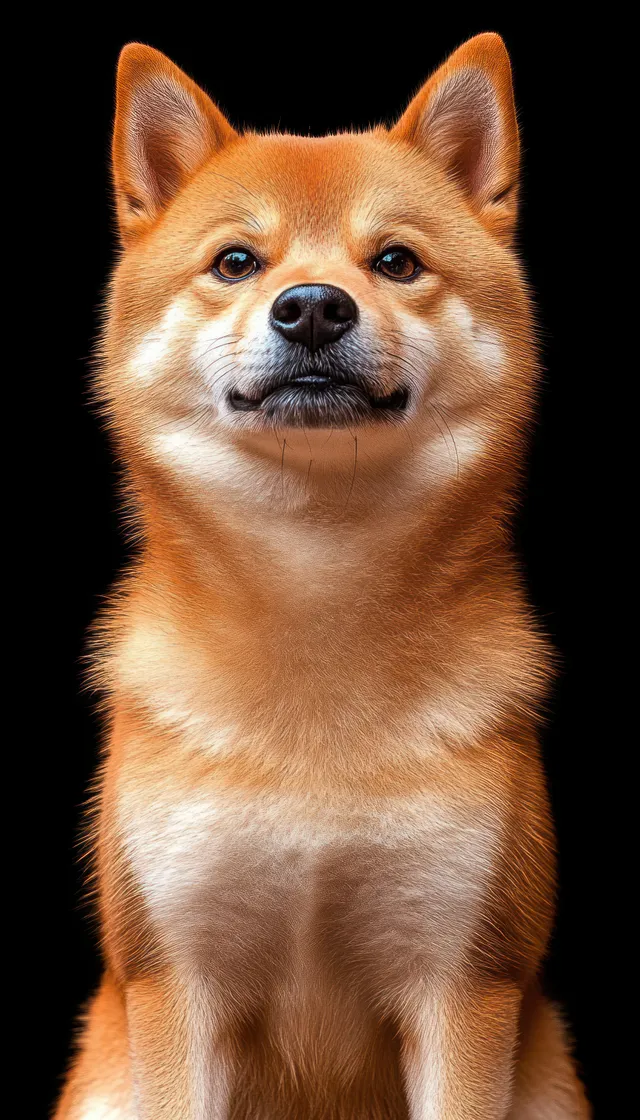 Orange Shiba Inu dog portrait with alert ears and fluffy fur sitting against a deep black background.