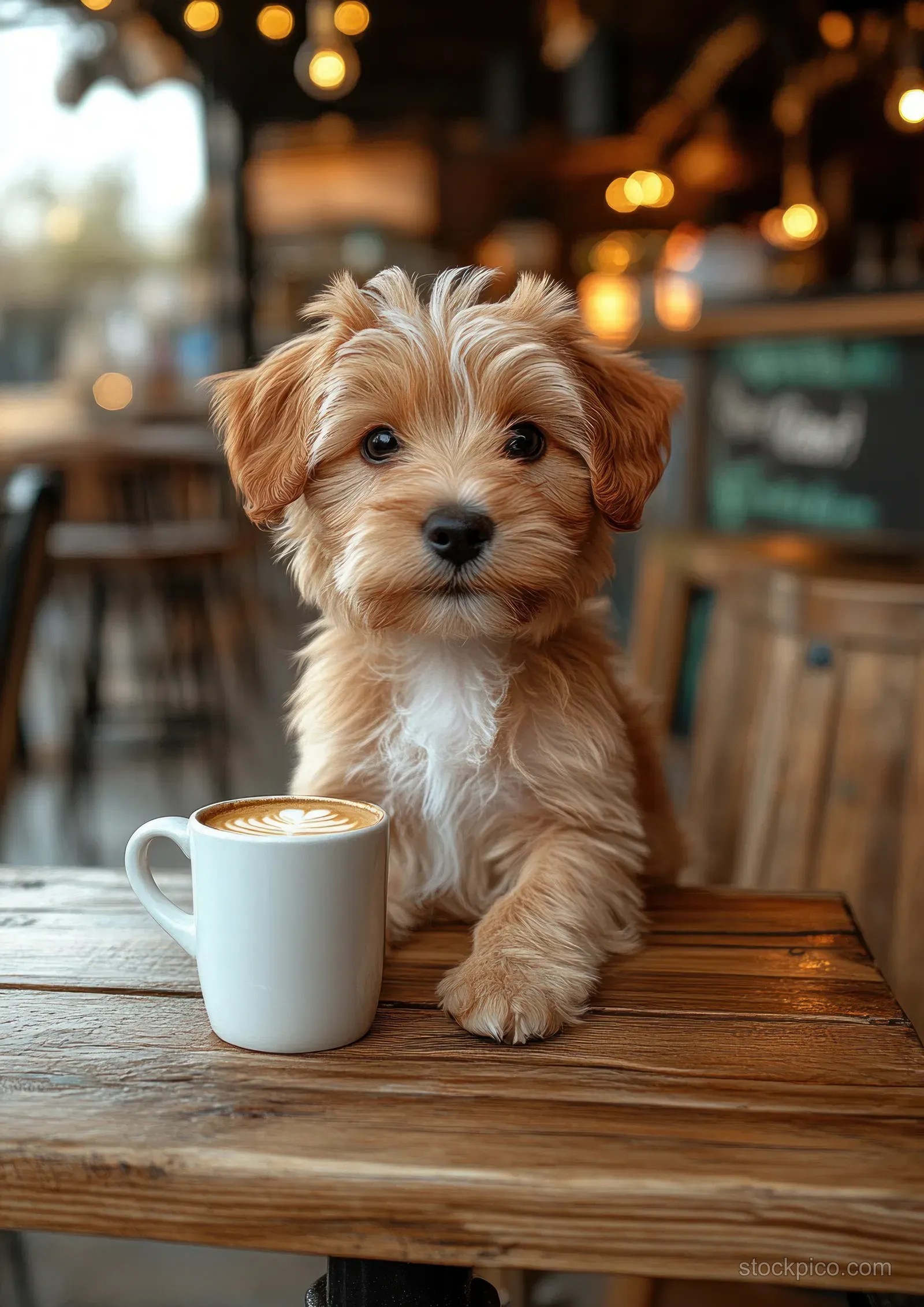 A small puppy rests on a wooden café table beside a white cup of coffee with blurred street lights behind.