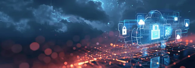 Businesswoman at a laptop with floating cloud and lock icons over a night office backdrop.