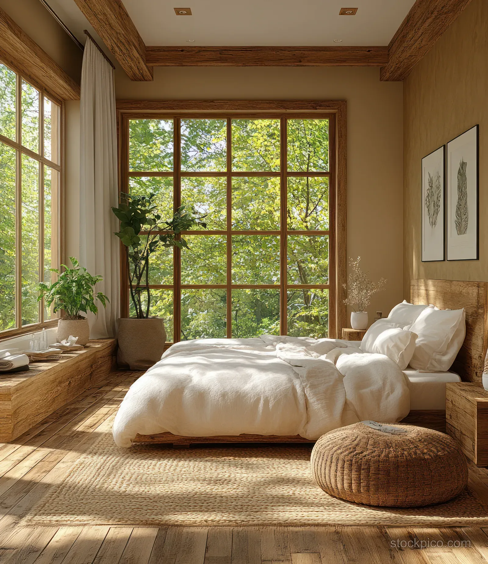 Warm sunlit bedroom interior with a made bed, curtains, wooden floor, and trees visible through a large window.