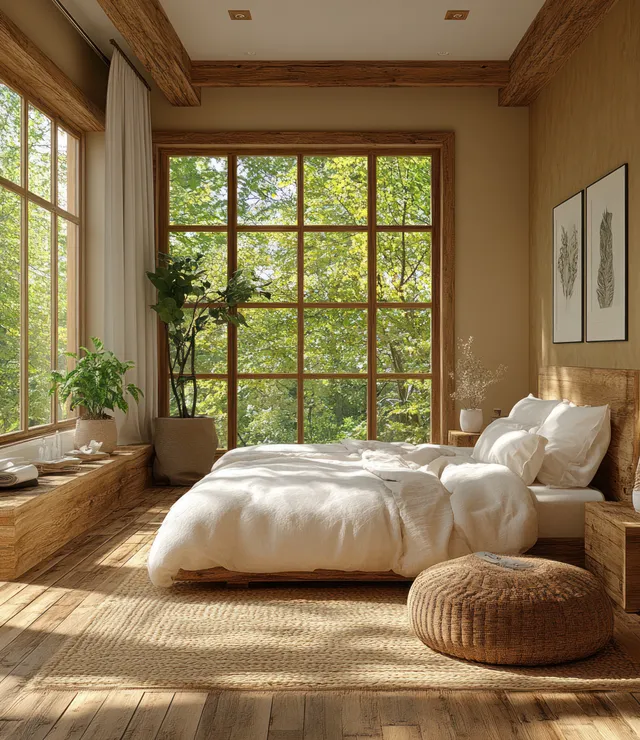 Warm sunlit bedroom interior with a made bed, curtains, wooden floor, and trees visible through a large window.