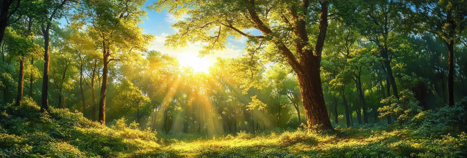 Sunbeams shine through oak leaves, casting warm dappled light onto a peaceful forest trail.