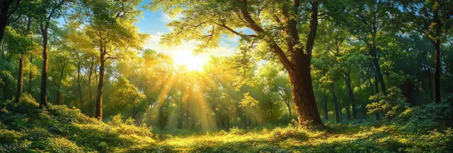 Morning sunbeams filter through oak leaves, illuminating a tranquil forest trail