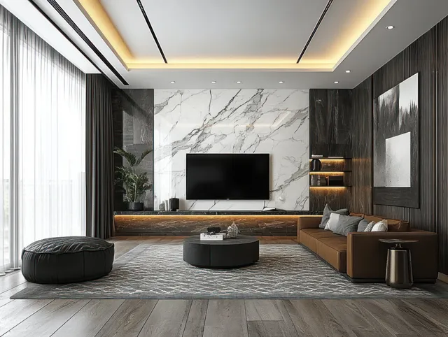 Modern living room with brown sofa, black ottoman, round coffee table, marble wall, and mounted TV by large windows.