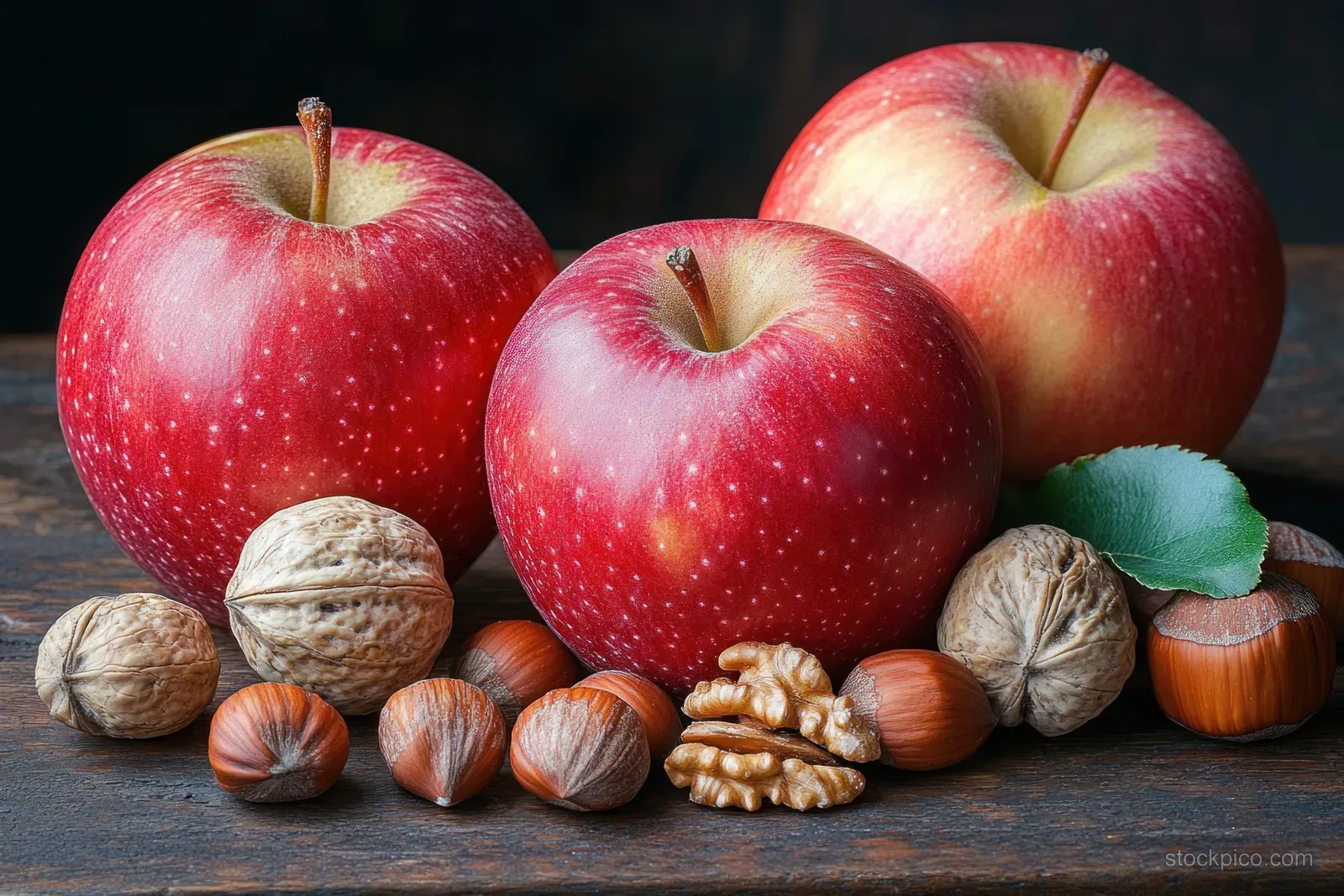 Three red apples sit beside walnuts and hazelnuts on a dark rustic wooden table.