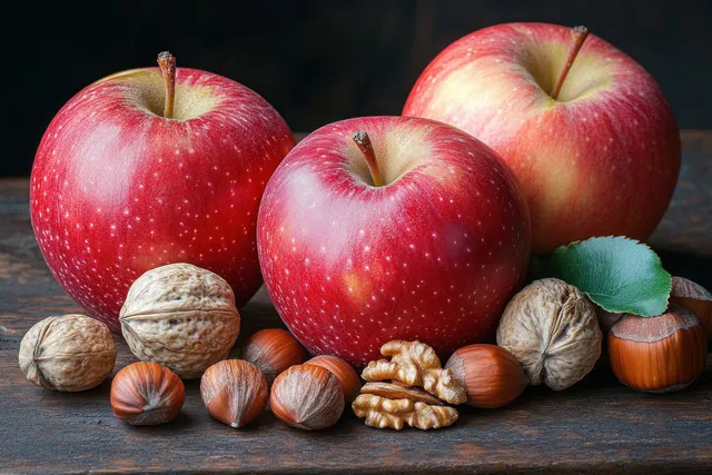 Red apples and walnuts arranged on rustic table for a festive Christmas still life