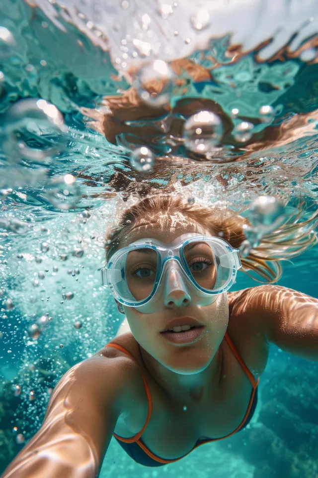 Swimmer executes a butterfly stroke underwater, bubbles and rippling blue water around her