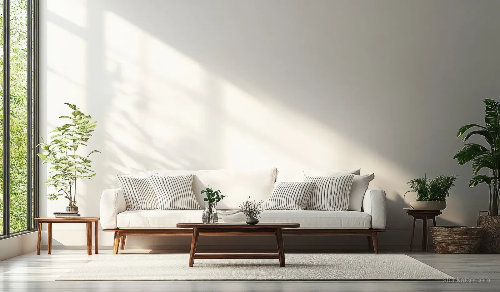 Minimalist living room with a white sofa, striped cushions, wooden coffee table, and plants in bright daylight.