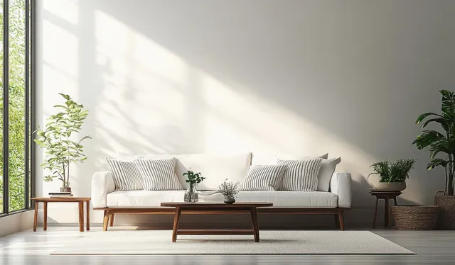 Minimalist living room with a white sofa, striped cushions, wooden coffee table, and plants in bright daylight.
