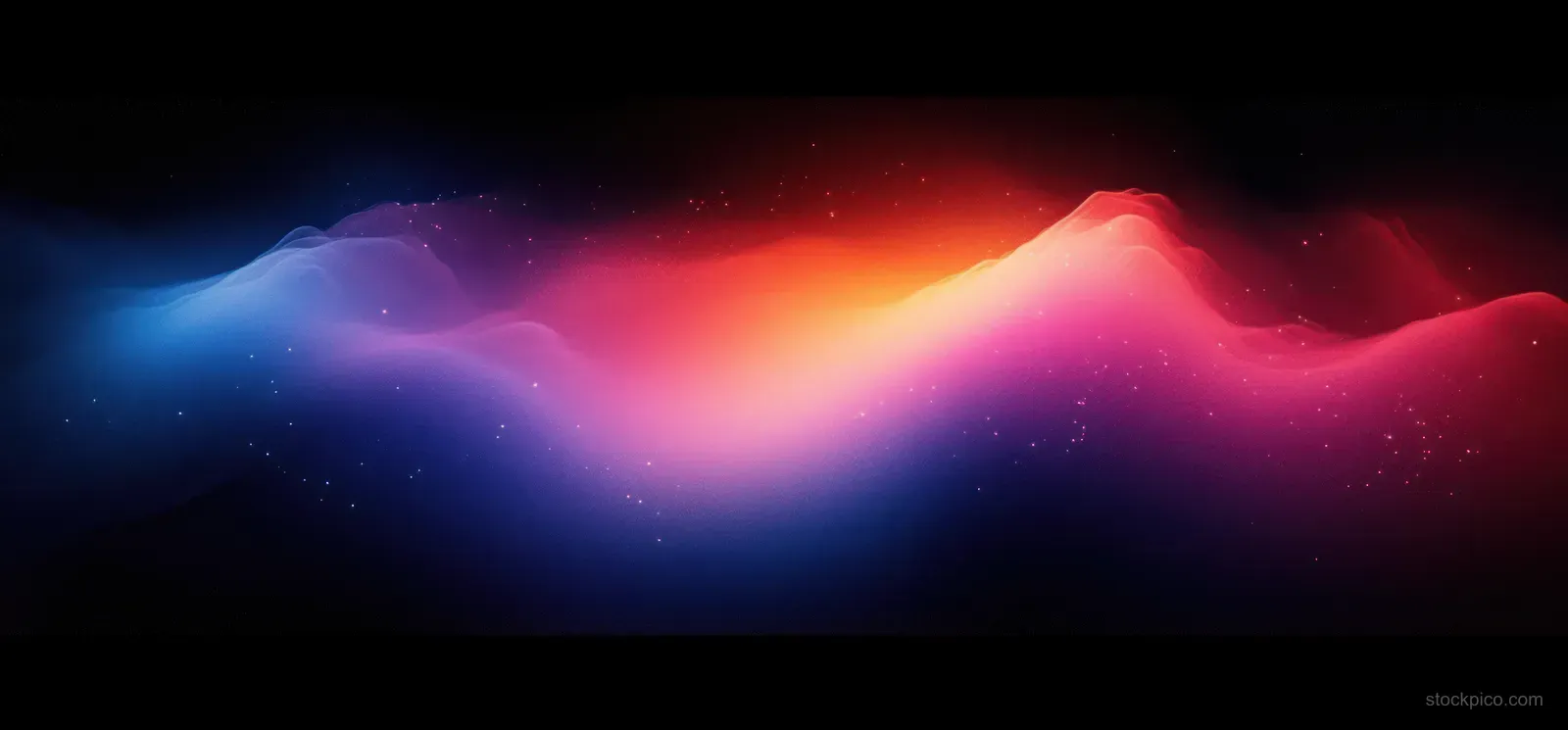 Neon orange pink and deep blue light gradients drift across a dark smoky black background.