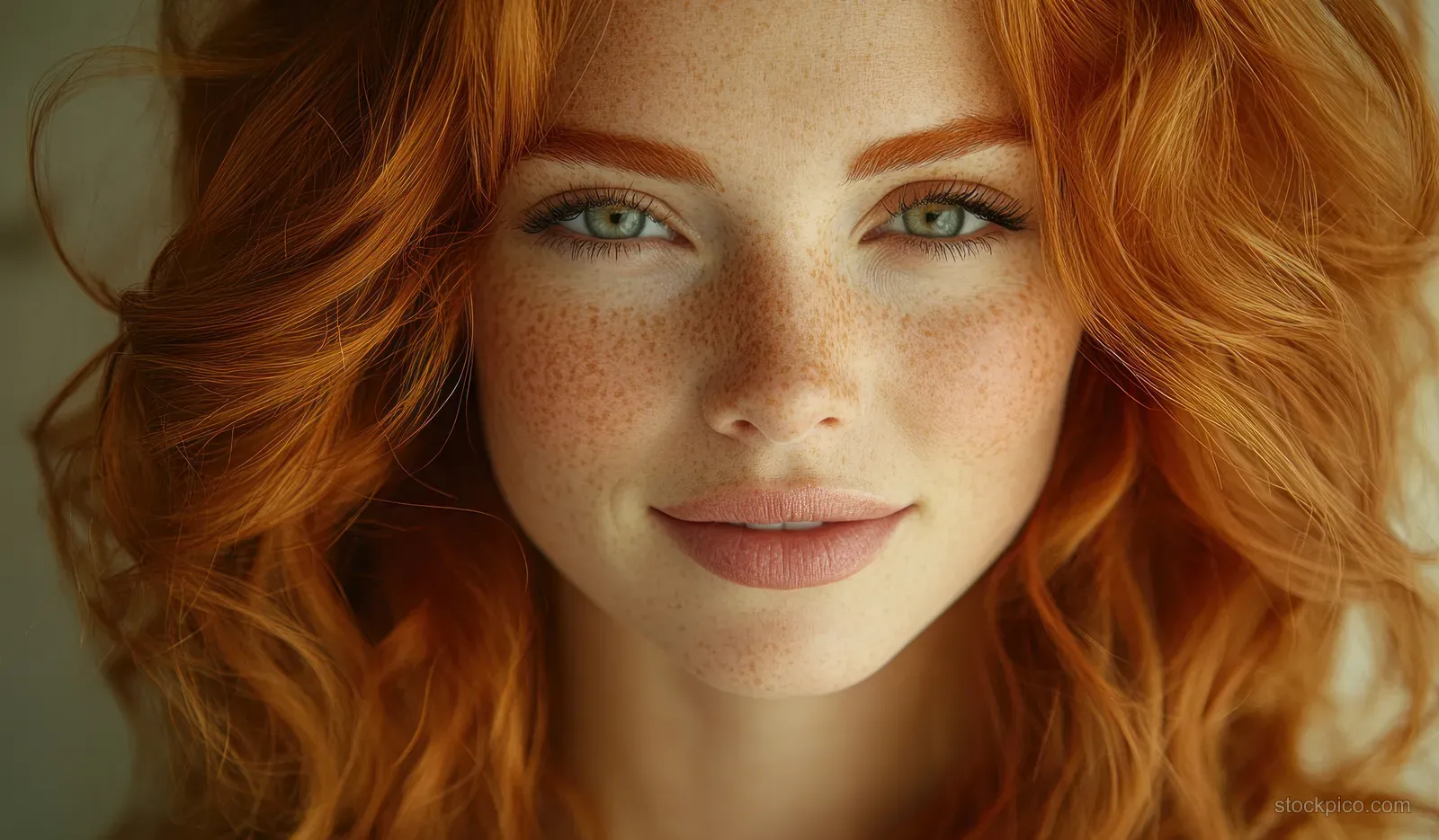 A smiling redhead woman applies moisturizer to her face in front of a solid blue background.