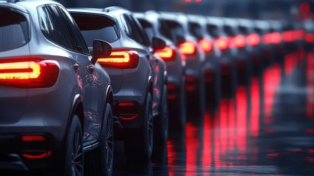 Row of silver cars with red tail lights reflected on wet pavement.