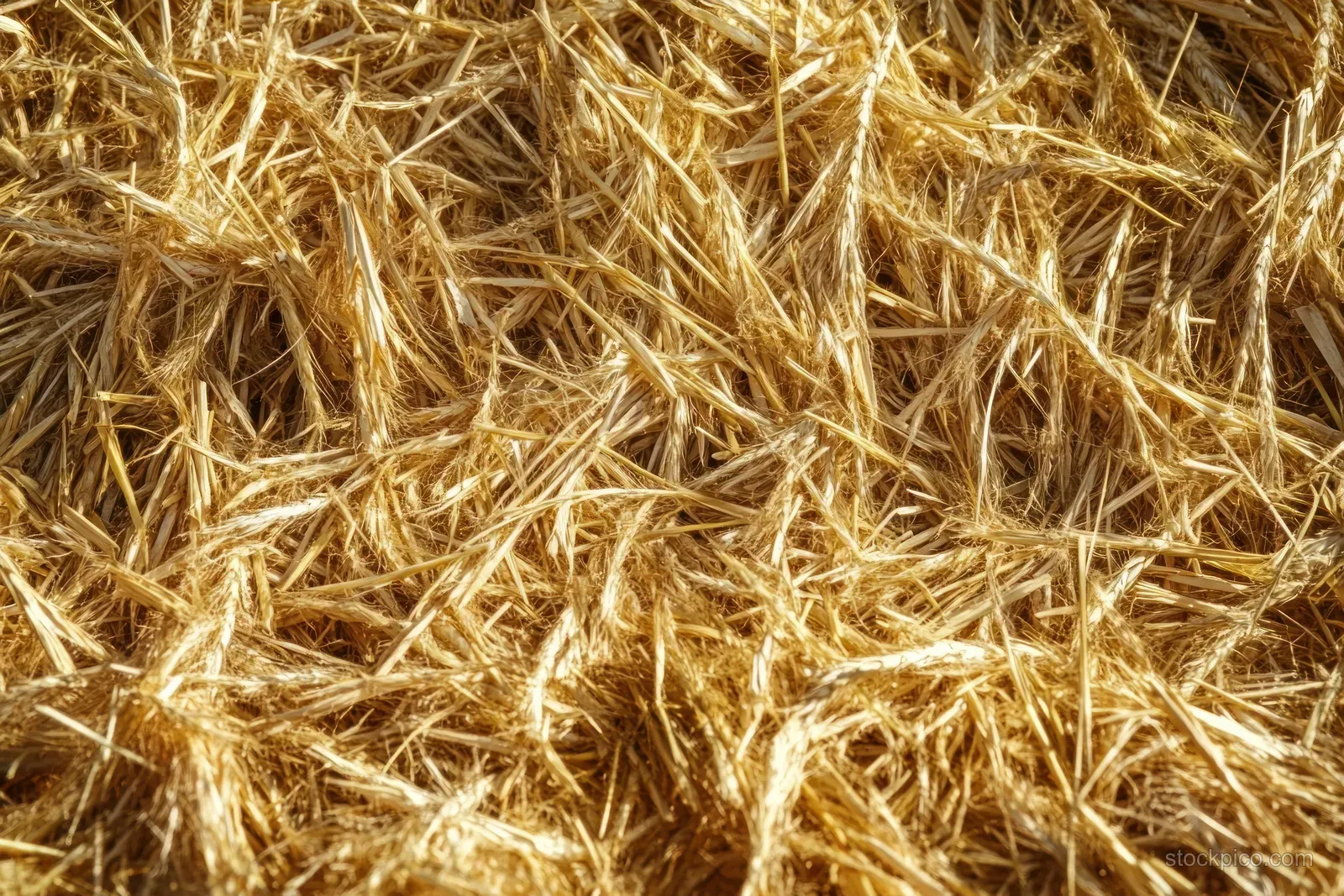 Close-up of tangled golden straw forming a textured harvest field surface.