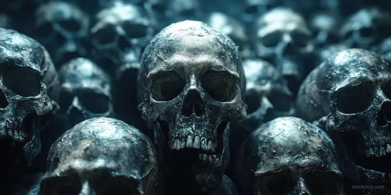 A cluster of human skulls sits on dusty ground in cold blue lighting.