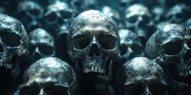 Clustered Human Skulls on Dusty Ground in Dim Blue Shadows