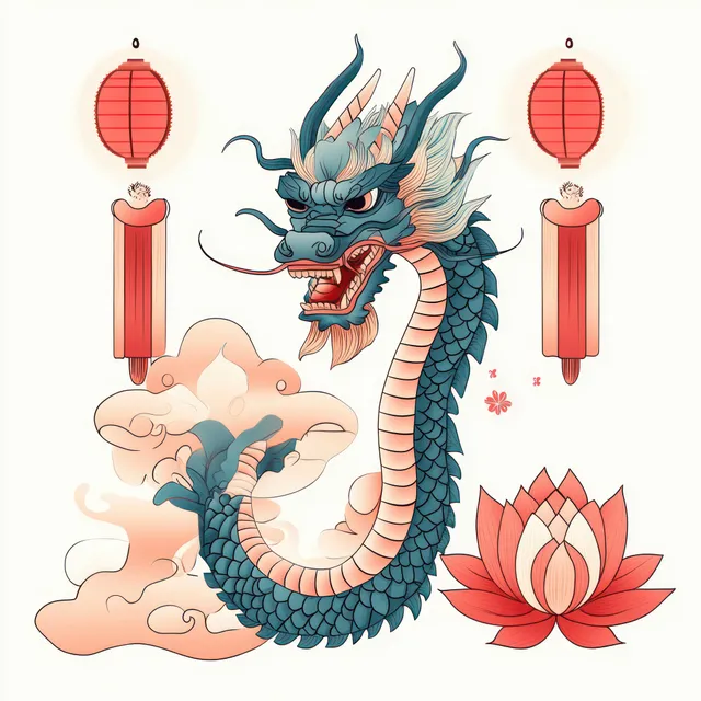 A blue snarling Asian dragon with coiled body floats among clouds, red lanterns, and a blooming lotus.