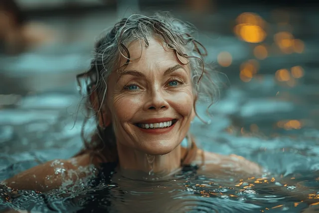 Smiling elderly woman in a gym pool during an aqua aerobics session with rippling water around her.
