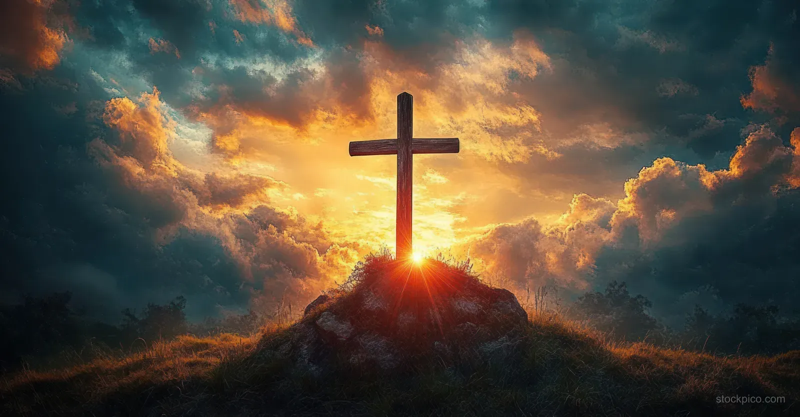 Wooden cross on a hilltop silhouetted against a glowing sunset with dark clouds.