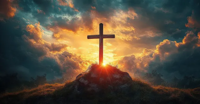 Wooden cross on a hilltop silhouetted against a glowing sunset with dark clouds.