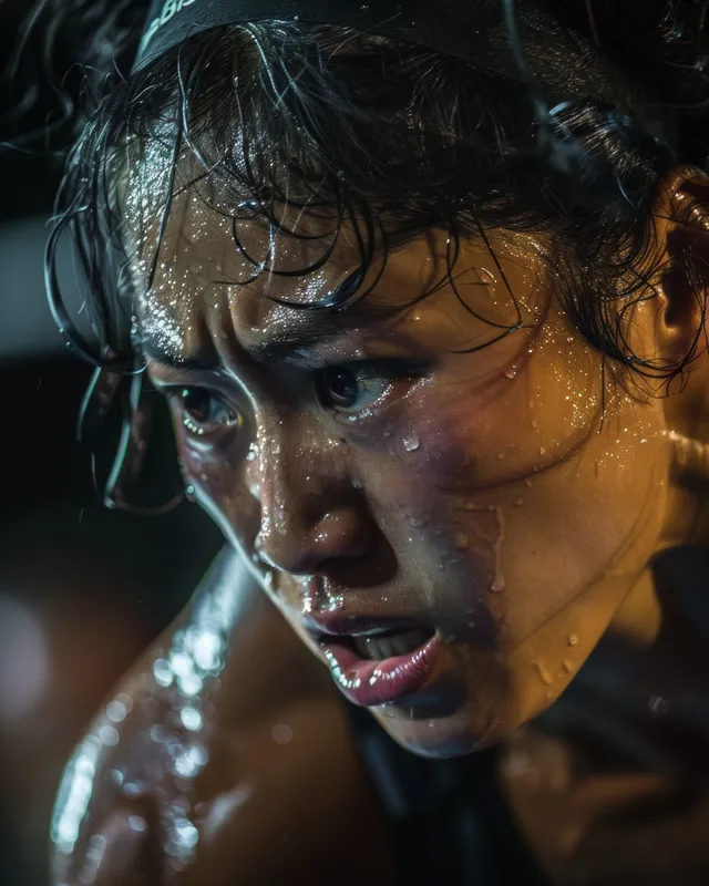 Vietnamese weightlifter in competition, straining under a barbell with intense wet focus