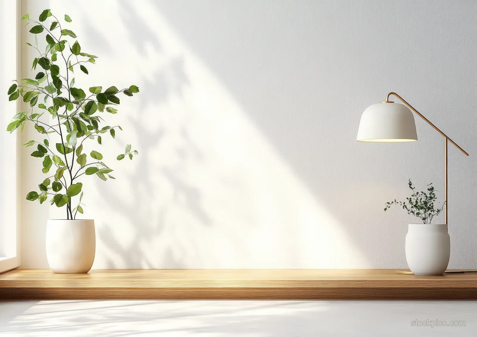 A brass desk lamp illuminates ceramic pots of green leaves on a minimalist shelf in a bright room.