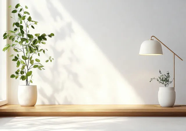 A brass desk lamp illuminates ceramic pots of green leaves on a minimalist shelf in a bright room.