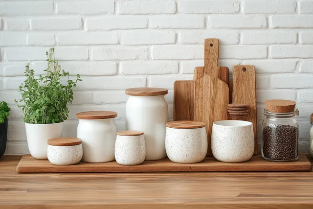 Minimalist kitchen counter display with white ceramic canisters, wooden boards, and herbs