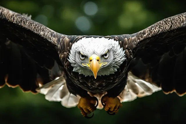 A bald eagle hovers mid-flight with wings spread wide and fierce eyes against a blurred green background.