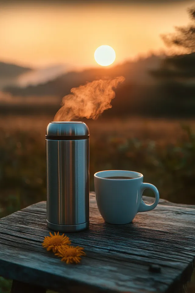 Steaming metal thermos and ceramic cup on wooden table at sunrise outdoors, warm glow