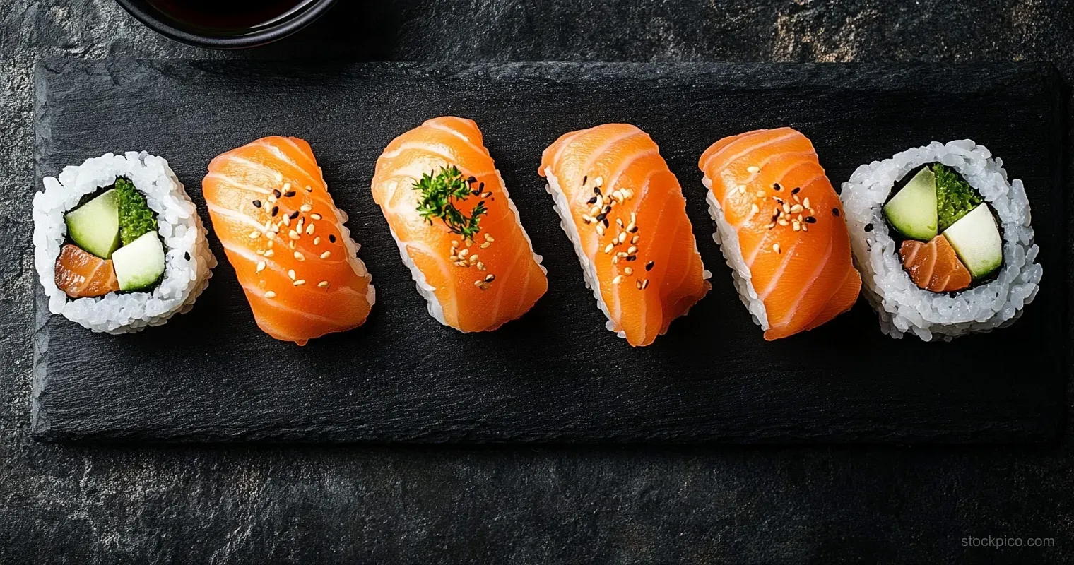 Salmon nigiri and maki rolls sit on a black slate platter with cucumber pieces and a nearby cup of soy sauce.