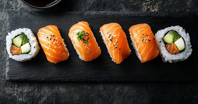 Salmon nigiri and maki rolls arranged on a black slate platter with soy sauce cup