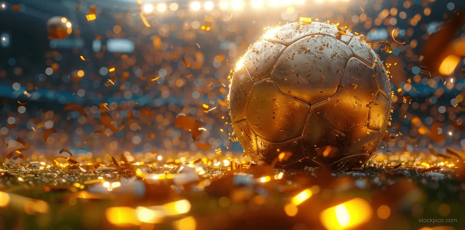 Golden soccer ball on stadium grass with golden confetti and blurred stadium lights behind it.