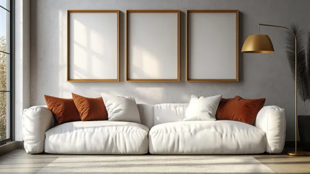 White sofa with terracotta and white cushions beneath three blank framed prints in a sunlit Scandinavian living room.
