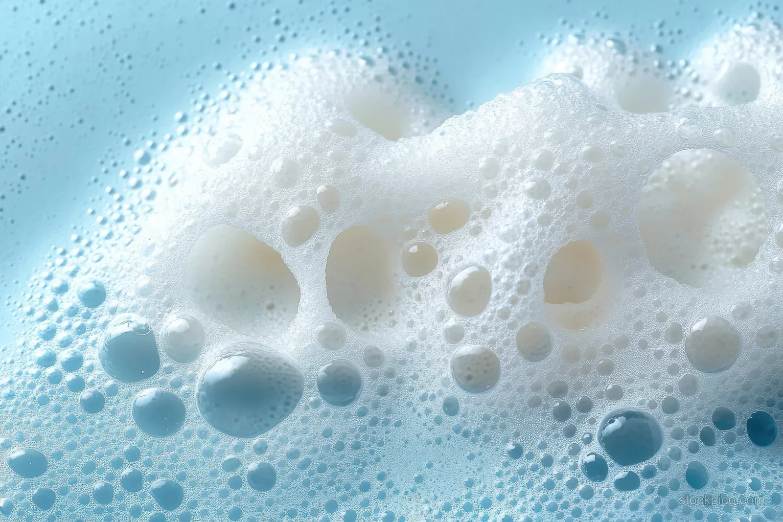 White foam bubbles cluster on a light blue background with soft focus and visible texture.