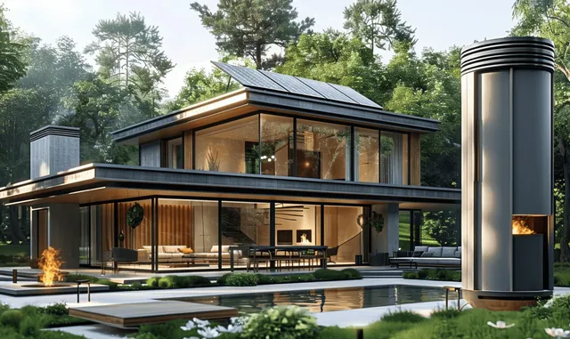 Energy-efficient modern house at dusk with solar panels and visible heat pump unit