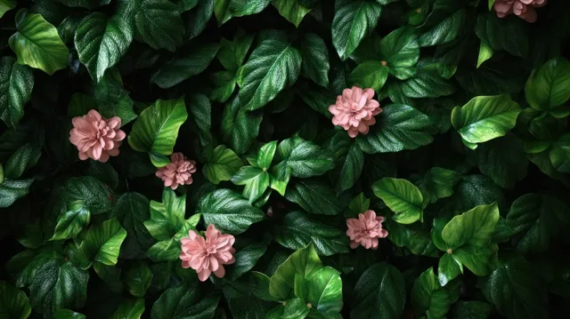 Glossy green leaves fill the frame with small clustered soft pink blossoms scattered across the foliage.