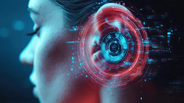 A close-up ear with blue and red holographic interface rings and glowing digital data elements.
