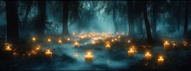 Candlelit path through foggy forest at night, casting eerie blue glow and shadows