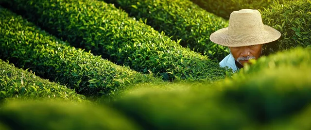 A farmer in a straw hat works in a bright sunlit tea field with green rows fading into the background.