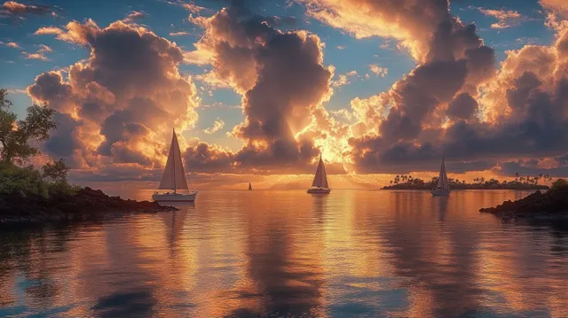Three sailboats glide on calm water beneath dramatic orange-blue sunset clouds.