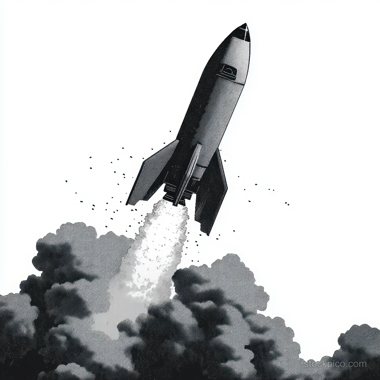 Black and white illustration of a rocket launching with smoke, sparks, and dynamic thrust motion for a powerful aerospace effect.