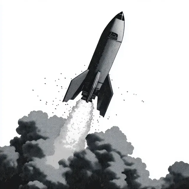 Black and white illustration of a rocket launching with smoke, sparks, and dynamic thrust motion for a powerful aerospace effect.