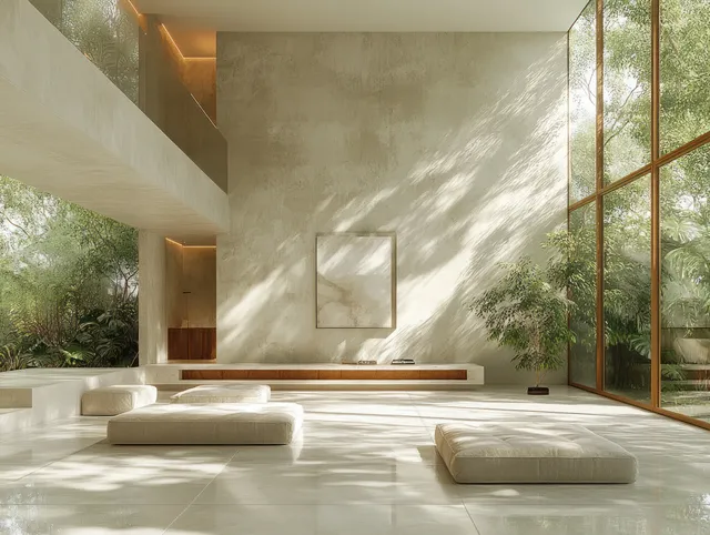 Minimalist concrete room interior with tall windows, soft sunlight, and a visible green garden view.