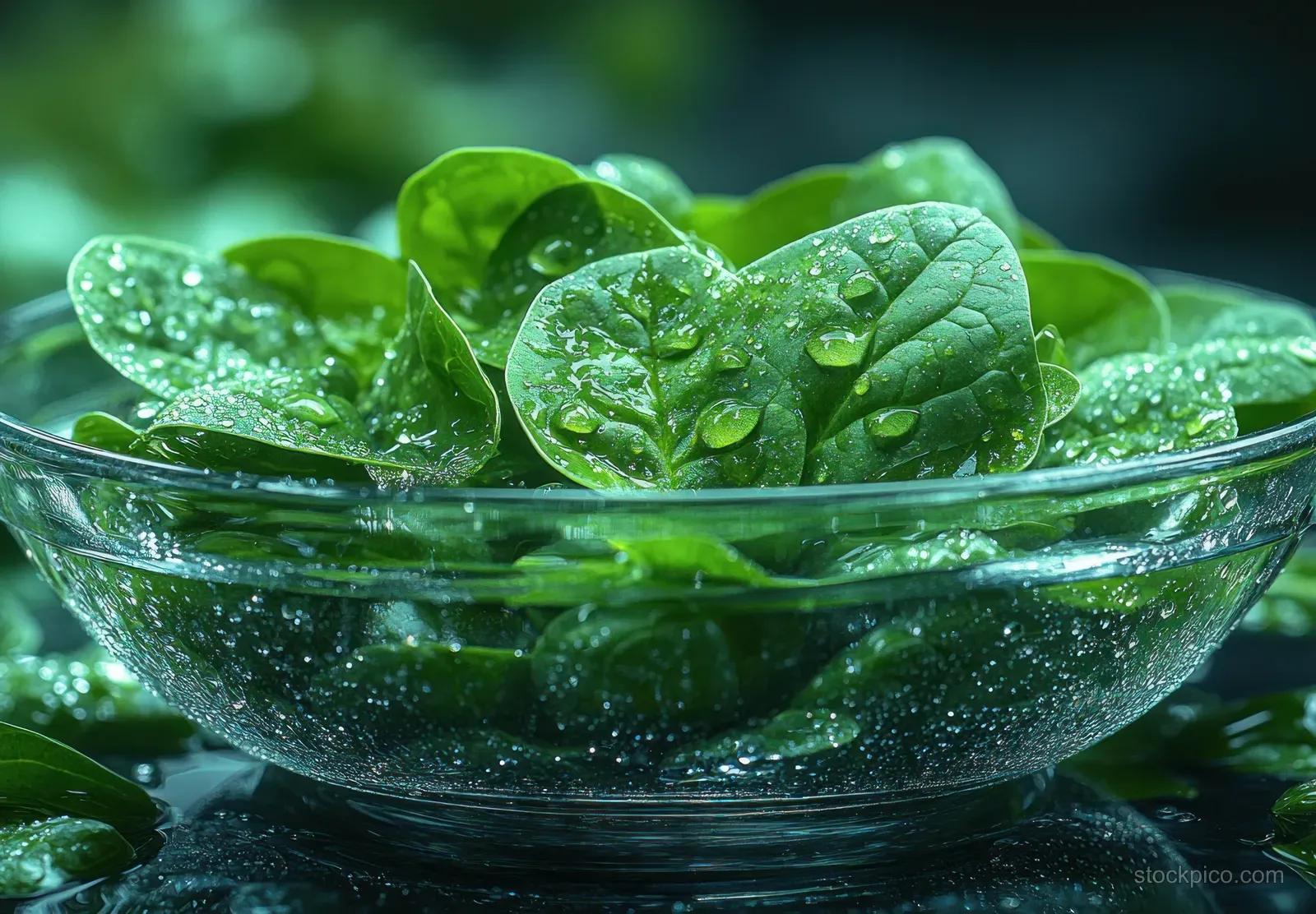 Fresh spinach leaves with water droplets sit in a clear glass bowl, reflecting on a dark gray-green background.